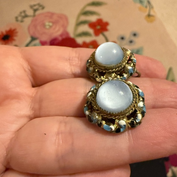 Elegant Gold and Blue Statement Clip On Czech Stamped Earrings - Picture 5 of 8